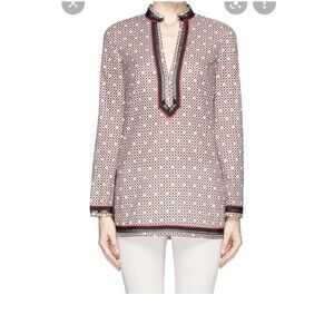 Tory Burch $295 Tory Tunic  Long Sleeve Top 6 Six Desert Sand Dotted Squares Euc